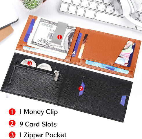 FEITH&FELLY Men Bifold Wallet with Money Clip - Leather Minimalist Front Pocket RFID Blocking...