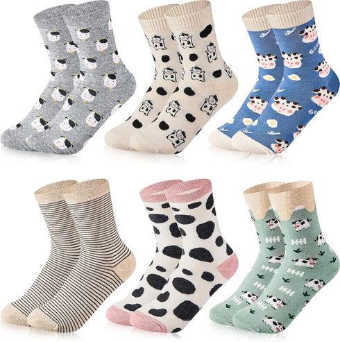 Geyoga 6 Pairs Cow Socks stuff Women's Novelty Girls Funny Animal Cute Cotton Crew Socks Cow Print Cartoon Casual Socks (Adorable Style)...
