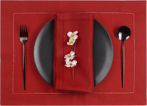 D'Moksha Homes Red Linen Placemats Set of 4 - Classic Hemstitch Placemats 14 x 19 Inch - 100% Pure Linen Table Mats for Summer, Fall and Halloween...