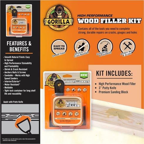 Gorilla All Purpose Wood Filler Wood Repair Kit with Putty Knife and Sanding Block...