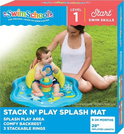 SwimSchool Baby Splash Play Mat – Inflatable Play Pool for Babies & Infants with Backrest – Includes Baby Water Toy Rings– Seafoam Blue Lemon...