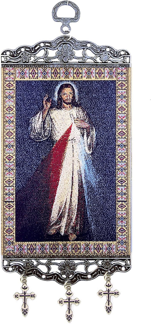 Religious Gifts The Divine Mercy Tapestry Icon Room Wall Door Decoration with Crosses 9 3/4 Inch...