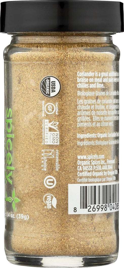 Spicely Organic Coriander Powder 1.40 Ounce Jar Certified Gluten Free...