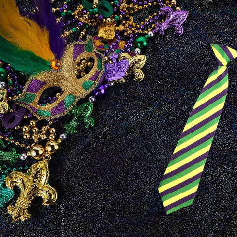 Needzo Mardi Gras Tie For Men, Purple, Yellow and Green Striped Necktie Party Accessory, One Size Fits Most, Adjustable Collar...