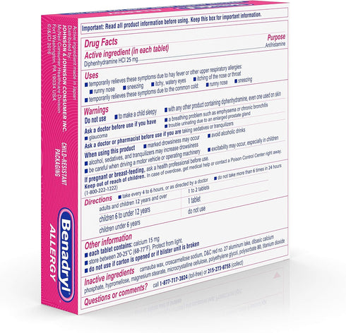 Benadryl Ultratabs Antihistamine Allergy Relief with Diphenhydramine HCl, 24 Count...
