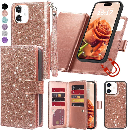 Varikke for iPhone 11 Wallet Case Detachable with 9-Card Holder for Women, Fashion Glitter PU Leather Wrist Strap Strong Magnetic Flip Wallet Remo...