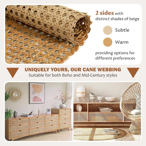 Premium 14" Cane Webbing Roll - 100% Natural Rattan Material (Not Plastic) - 3.3 Ft Length Hexagon Rattan Fabric, Open Weave Rattan Sheets for DIY...
