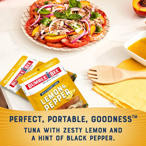 Bumble Bee Lemon & Pepper Seasoned Tuna, 2.5 oz Pouch - Ready to Eat - Wild Caught Tuna Packet - 17g Protein per Serving - Gluten Free...