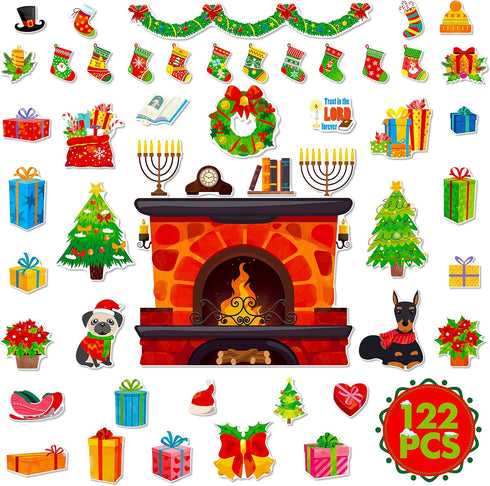 122 PCS Christmas Bulletin Board Decor, Happy Winter Holiday Cutouts Fireplace Stocking Candle Wreath Cutout Thick Cardboard Cutting Set for Class...
