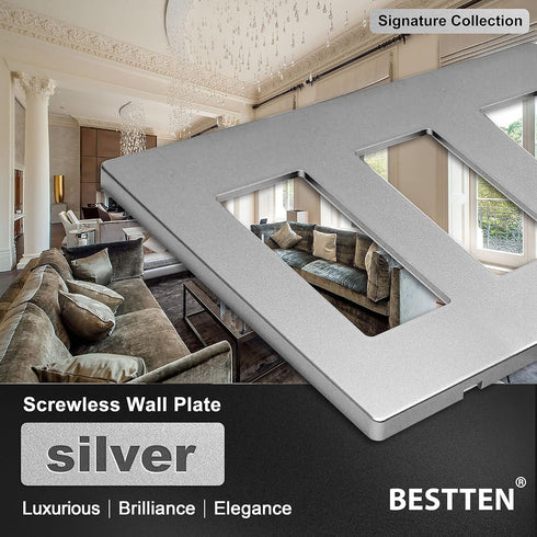 BESTTEN 5 Pack 3-Gang Signature Collection Silver Screwless Wall Plate, Decorator Outlet Cover, USWP8 Series, H4.69” x W6.54”, for Light Switch, D...