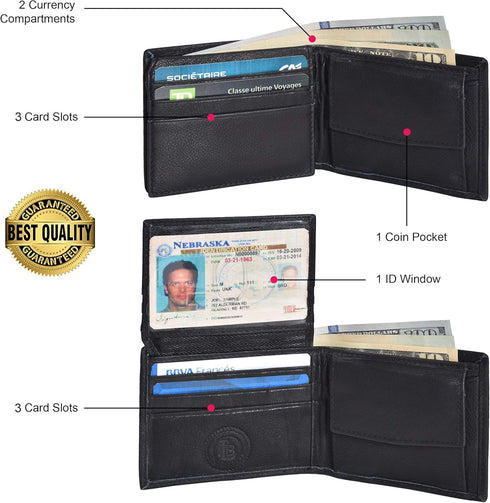 Leatherboss Leather Boys Slim Compact Flap Id Coin Pocket Bifold Wallet with debit credit card holder, Black...