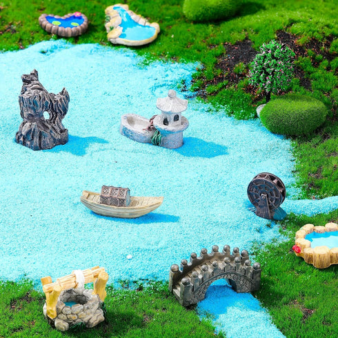 Imitation Moss Miniature Fairy Garden Accessories,Miniature Pond Lawn Garden Ornament Figurines, Mini Lighthouse Water Well Bridge Figurines, Micr...