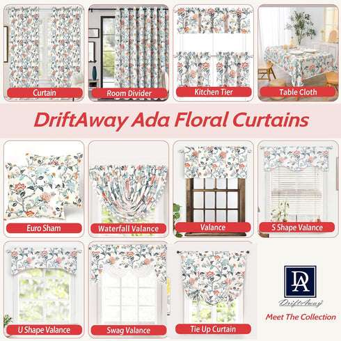 DriftAway Ada Botanical Print Lined Flower Leaf Thermal Insulated Window Valance Rod Pocket Waterfall Swag Valance with Pom Pom 52 Inch by 18 Inch...