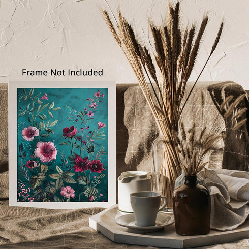 Posterizer 1 pcs-dainty wild pink flowers with blue background-Floral & Botanical Art-Abstract & Modern Art-Decor for Home & Office- UNFRAMED Wall...