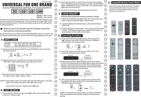 VINABTY Universal Remote fit for Panasonic N2QAYB000485 N2QAYB000486 N2QAYB000321 N2QAYB000221 N2QAYB000703 N2QAYB000837 N2QAYB000926 Plasma Smart...