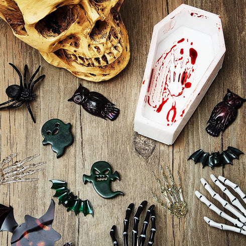 WILLBOND 6 Pieces Halloween Resin Coffin Molds Include Coffin Box Bat Silicone Owl Casting Skull Hands Ghost Shape Resin Mold Set for Halloween DI...