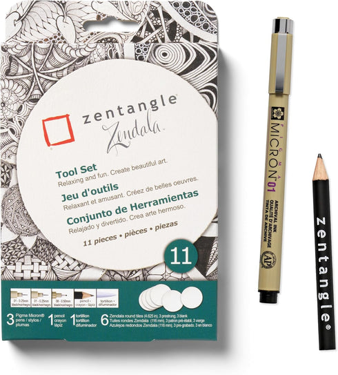 Sakura Zentangle Zendala Tool Set - Official Zentangle White Circular Paper Tiles - 4.625" Tiles - 11 Pieces...