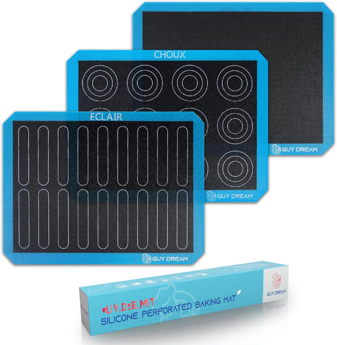 3PCs GUY DREAM Perforated Silicone Baking Mat 11-4/5" x 15-3/4" - 1 Choux Mat, 1 Eclair Mat and 1 Blank Mat for Baking Cookie- Steaming Mesh For H...