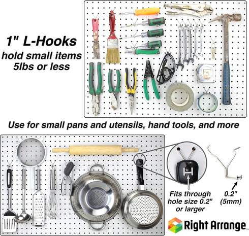 Pegboard Hooks 50-Pack 1" + 2” L Hook - Zinc Plated - Will Not Fall Out - Fits Any Peg Board - Organize Tools, Accessories, Workbench, Garage Stor...