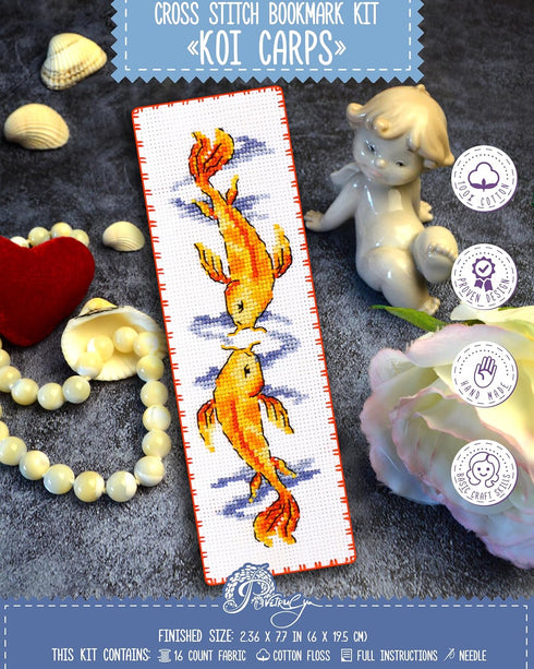 Povitrulya Koi Carp - Counted Cross Stitch Bookmark Kit - Embroidery Set for Adults with Paper pattern, 16-count Aida Canvas and Presorted Floss -...