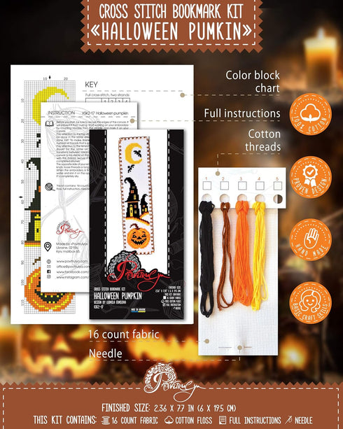 Povitrulya Halloween Pumpkin Jack-o'-lantern Cross Stitch Kit - DIY Hand Embroidery Bookmark...
