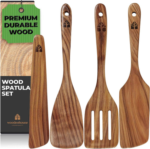 Wooden Spatula for Cooking, Teak Spatulas for Kitchen Use - Wooden Cooking Utensils Set of 4 including Paddle, Turner, Slotted Spurtle and Wood Sc...
