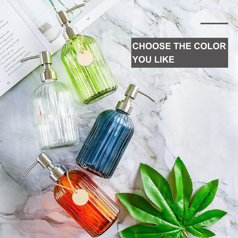 16 OZ Soap Dispenser?Tempered Glass Clear Vertical Stripe with 304 Rust Proof Stainless Steel Pump Refillable Liquid Hand Soap Dispenser?for Bathr...