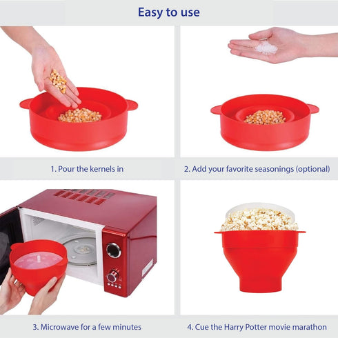 Microwave Popcorn Popper with Lids - Silicone - No Oil or Butter Required - Collapsible Bowls - BPA-Free Container - Movie Night Supplies - Red...