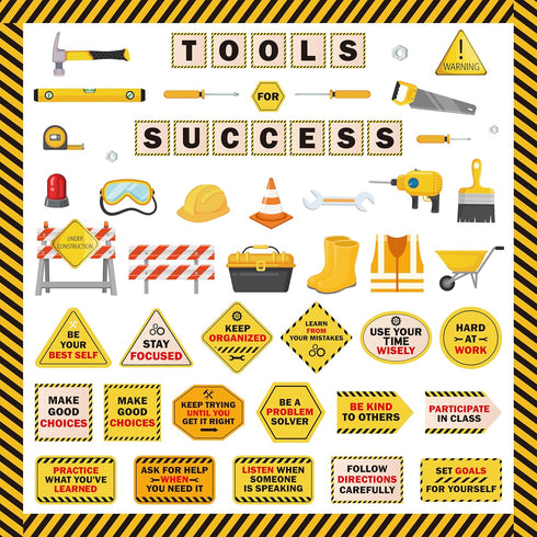111Pcs Construction Bulletin Board Classroom Decoration Tools for Success Back to School Construction Theme Cutouts Positive Saying Birthday Party...