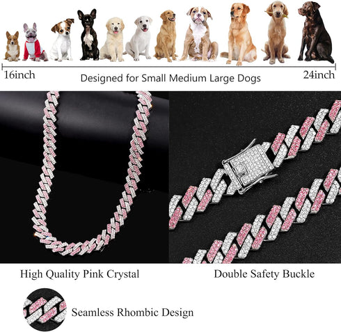 Gold Dog Chain Collar Diamond Cuban Collar Walking Metal Chain Collar with Design Secure Buckle Dog Collars for Medium Large Dogs (18inch, Pink-Si...