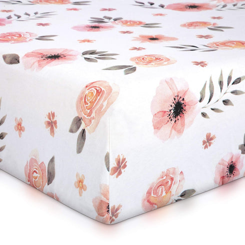 Pink Floral Girl Crib Sheet - 100% Finely Combed Cotton, Breathable, Super Soft Watercolor Rose Baby Girl Crib Sheets, 52' x 28' x 9' Fits Standar...