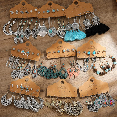 45 Pairs Vintage Silver Drop Dangle Earrings Set for Women Bohemian Bronze Waterdrop Leaf Earrings...