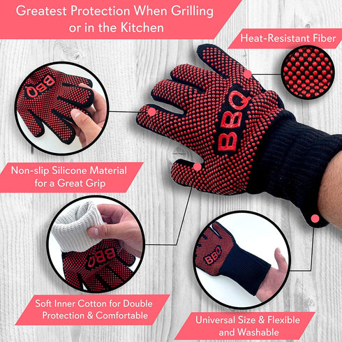 NutriChef BBQ Gloves - 1472°F Heat Resistant, Fireproof Mitts with Non-Slip Silicone Grip, Perfect for Barbecue, Grilling, Cooking, Baking & Campi...
