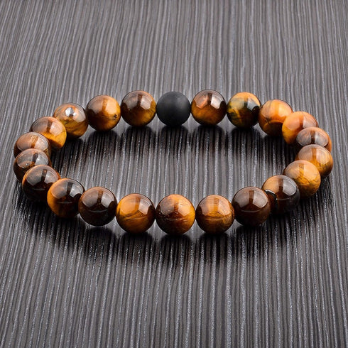 Mens Polished Tiger Eye and Black Matte Onyx Bead Stretch Bracelet (10mm), Brown, One Size...