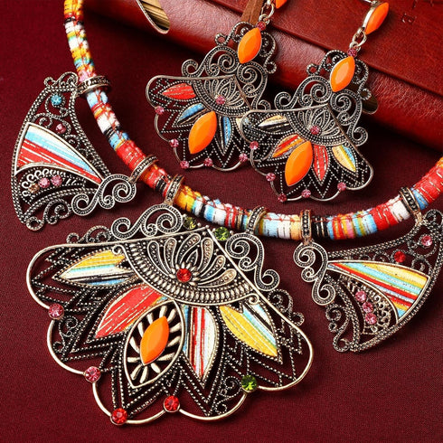 Bohemian Jewelry Set for Women - Colorful Resin Bib Necklace and Earrings, Ethnic Style Statement Jewelry for Weddings, Parties, and Everyday Wear...