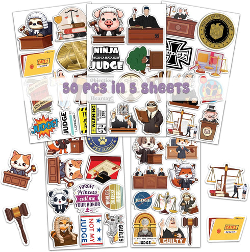 Pack 50 PCS Court Judge Sticker Waterproof Vinyl Decals Birthday Gifts for Men Women Adults Law Authority Graphics Scales of Justice Items Decorat...