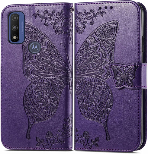 HAOTP for Motorola Moto G Pure Wallet Case,PU Leather Flip Protective Phone Case Wrist Strap Card Slots Holder Pocket Emboss Butterfly Flower Stan...