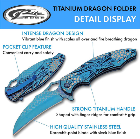 SZCO Supplies 300580-BL Titanium Finished Blue Dragon Edc Folding Knife with Pocket Clip, 8.5" Length...
