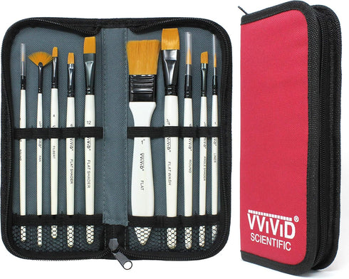 VViViD White Enamel Synthetic Red Sable 10 Assorted Short Handle Paint Brush Set Including Nylon Carrying Case...