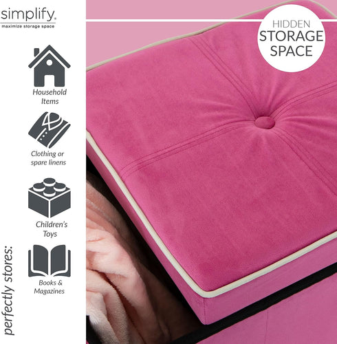 Simplify Velvet White Piping Folding Storage Ottoman, Toy Box Chest, Tufted Padded Seating, Bench, Foot Rest, Stool, Single, Pink...