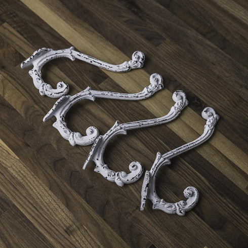 CRAFTSMAN ROAD Vintage Cast Iron Wall Hooks (Antique White Finish, Set of 4) - Rustic, Farmhouse, Shabby Chic, French Country Coat Hooks | Great f...