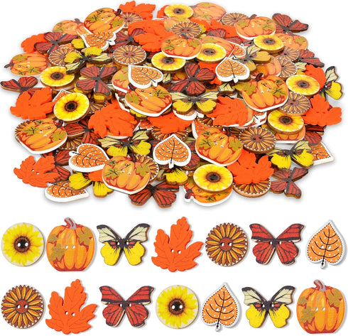 200 Pcs Thanksgiving Buttons for Crafts - Fall Pumpkins Sunflowers Shaped Thanksgiving Day Wooden Orange Buttons for Sewing Clothes Accessories Sc...