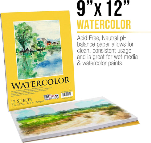 U.S. Art Supply 9" x 12" Premium Heavyweight Watercolor Painting Paper Pad, Pack of 2, 12 Sheets Each, 140 Pound (300gsm) - Cold Pressed, Acid-Fre...