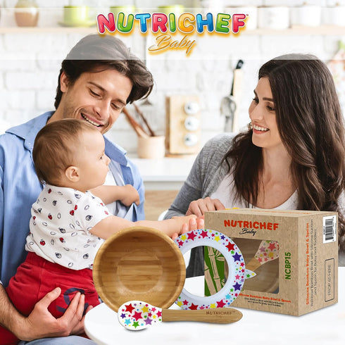 NutriChef Bamboo Baby Feeding Bowl - Wooden Infant Toddler Dish and Spoon Set w/Silicone Suction Base for Stay Put Eating, For Children Aged 4-72 ...