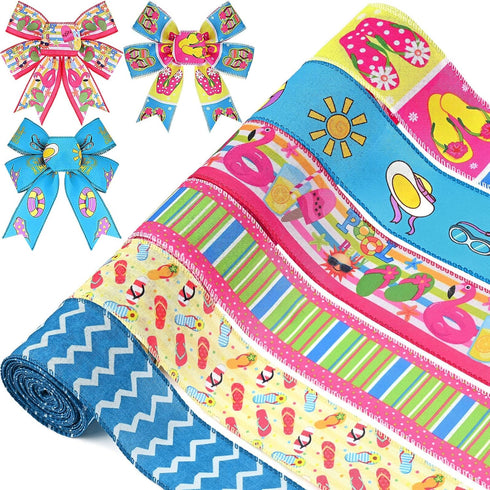 6 Rolls 30 Yards Summer Wired Ribbon Flip Flop Waves Polka Dot Stripe Fabric Decorative Ribbon Summer Themed Burlap Ribbons for Summer Wreath Bow ...