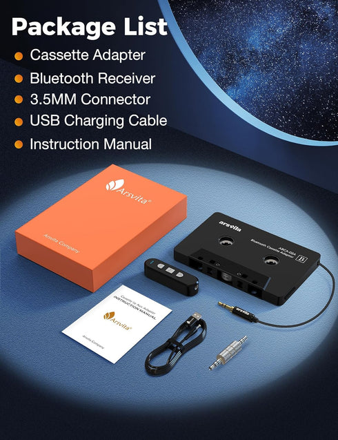 Arsvita Car Audio Cassette to Aux Adapter, 5.1 Bluetooth Receiver Kit for Cassette to Aux Adapter, Bluetooth Receiver Compatible with 3.5 MM Auxil...
