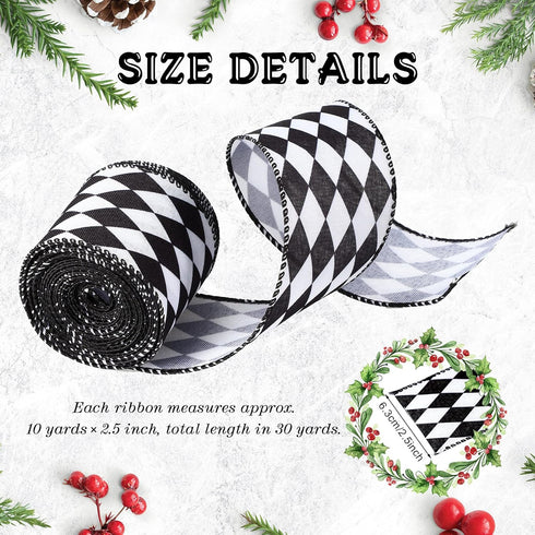 3 Rolls 30 Yards Black White Harlequin Ribbon Checkered Wired Ribbon Decorative Ribbons for Xmas Fall Tree Wrapping Wreath Bouquet Crafts(2.5 Inch...