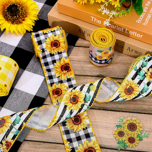 Whaline 6 Rolls Sunflower Wired Edge Ribbon 30 Yards 2.5 Inch Buffalo Plaids Flower Truck Fabric Ribbon Spring Summer Floral Decorative Craft Ribb...