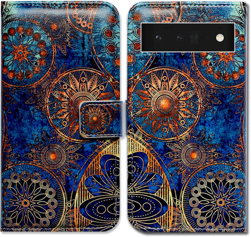 Case for Pixel 6 Pro, Gorgeous Colours Circle Mandala Leather Flip Phone Case Wallet Cover with Card Slot Holder Kickstand for Google Pixel 6 Pro...