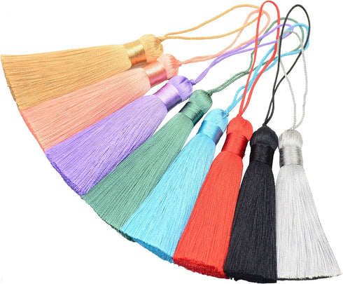 Makhry 8pcs 16cm/6.28 inches Cute Chunky Tassels Soft Elegant Handmade Silky Floss Tassels with 2.75 Inch Cord Loop and Chinese Knot for Woman Ear...